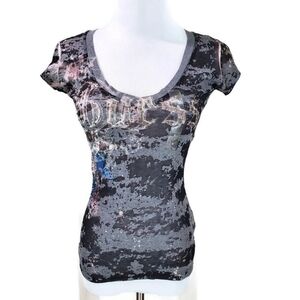NWT Guess Los Angeles Y2K Jeans Black Gray Burnout Rhinestone Top T-Shirt Baby T